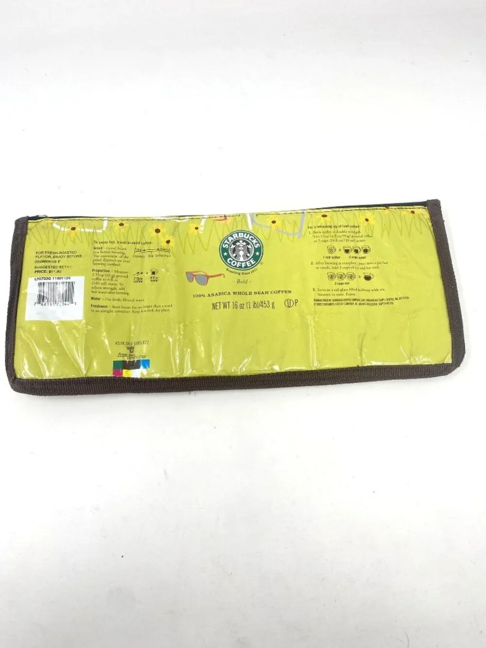 Recycled Repurpose Starbucks Coffee Wrapper Zip Pouch 2 Compartments  B8